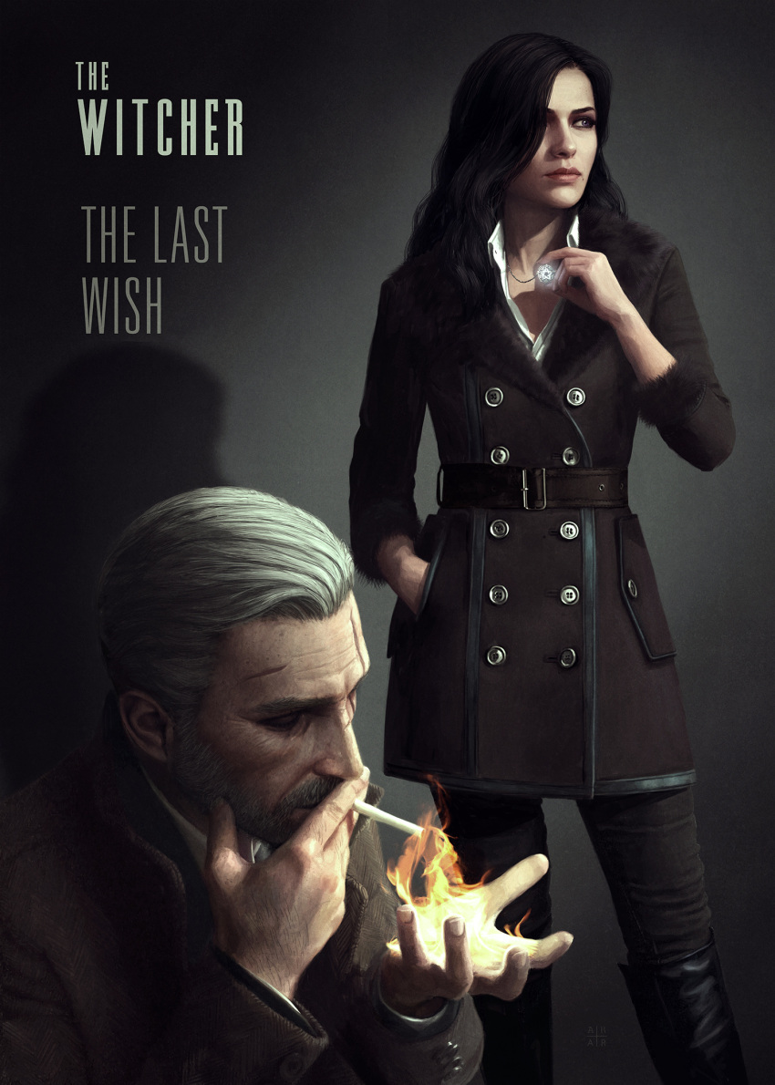1boy, 1girl, astor_alexander, beard, black_hair, brown_eyes, cigarette, contemporary, cover, facial_hair, fake_cover, film_noir, fire, geralt_of_rivia, hair_over_one_eye, hand_in_pocket, highres, jewelry, lips, long_coat, long_hair, magic, mole, mole_under_mouth, necklace, pendant, scar, scar_across_eye, smoking, the_witcher, the_witcher_3, white_hair, yennefer