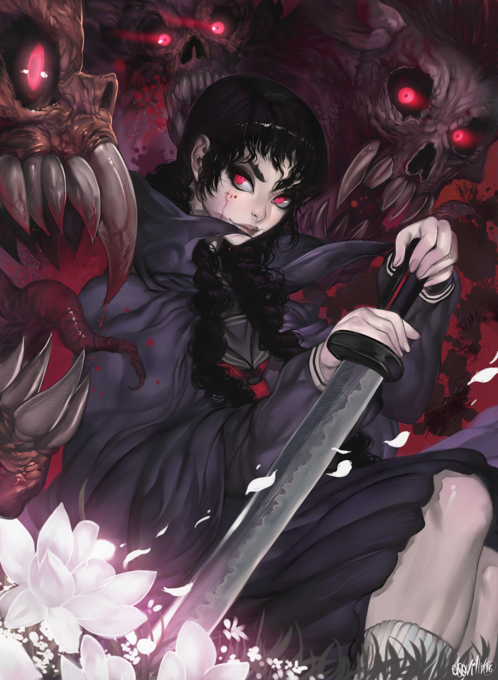 1girl, black_hair, blood, blood_the_last_vampire, braid, cloak, fangs, flower, hector_enrique_sevilla_lujan, highres, looking_at_viewer, monster, red_eyes, saya_(blood_the_last_vampire), school_uniform, slit_pupils, sword, tongue, twin_braids, twintails, weapon