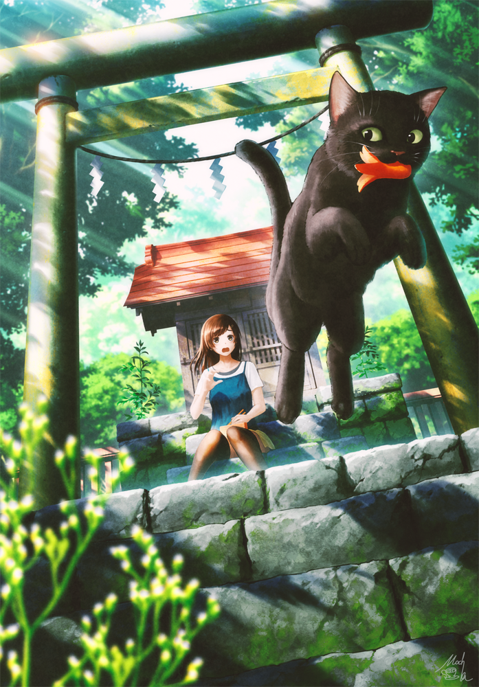 1girl, black_cat, brown_eyes, brown_hair, cat, chopsticks, dappled_sunlight, dutch_angle