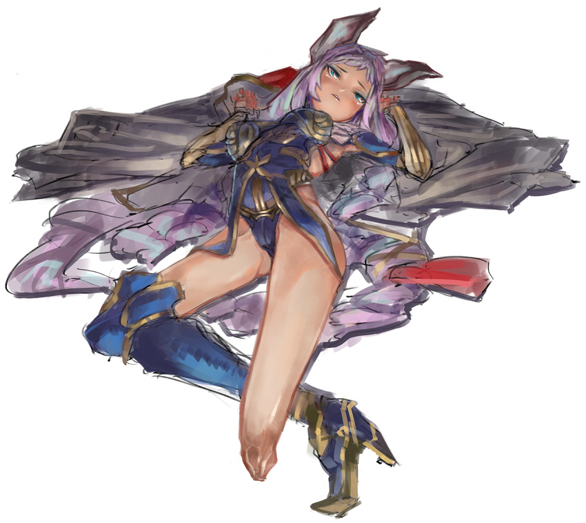 1girl, ahoge, animal_ears, black_legwear, blue_eyes, braid, cape, erun_(granblue_fantasy)