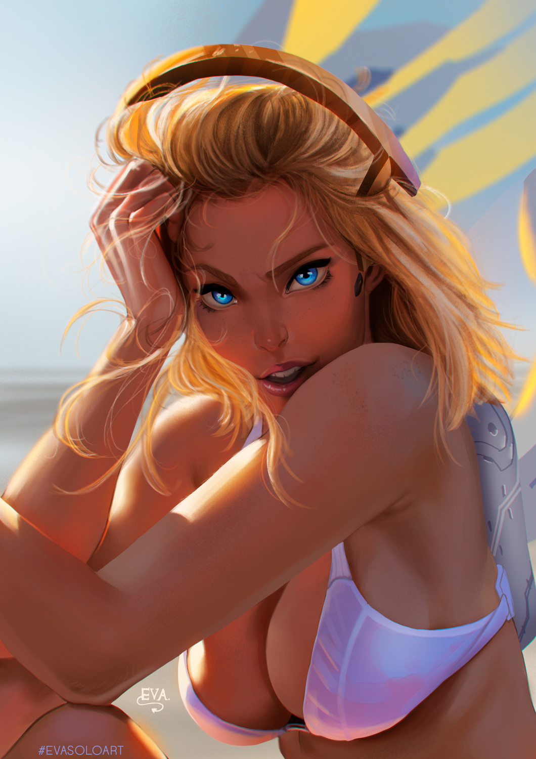 1girl, bikini, bikini_top, blonde_hair, blue_eyes, breasts, eva_solo, highres