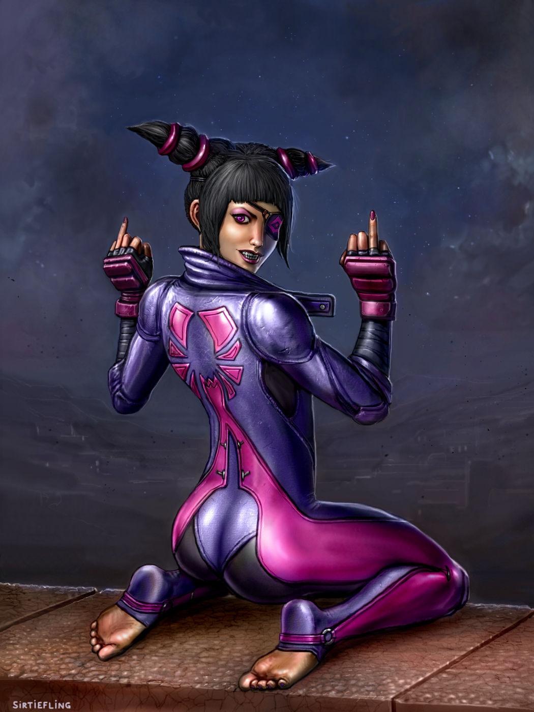 1girl, ass, biker_clothes, bikesuit, capcom, eyepatch, from_behind, han_juri, highres, sirtiefling, solo, street_fighter, street_fighter_v