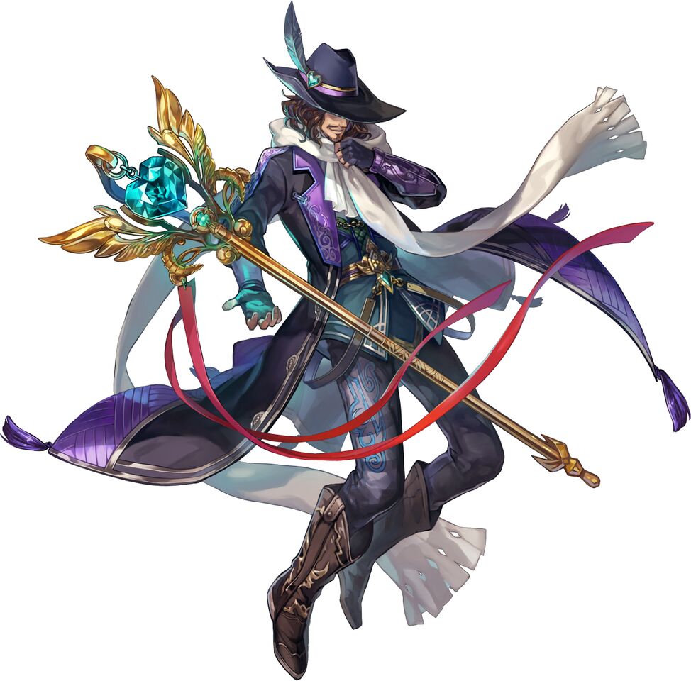 1boy, beard, boots, brown_hair, facial_hair, feathers, fingerless_gloves, full_body, gambanteinn, gem, gloves, hat, heart, official_art, phantom_of_the_kill, scarf, simple_background, solo, staff, white_background