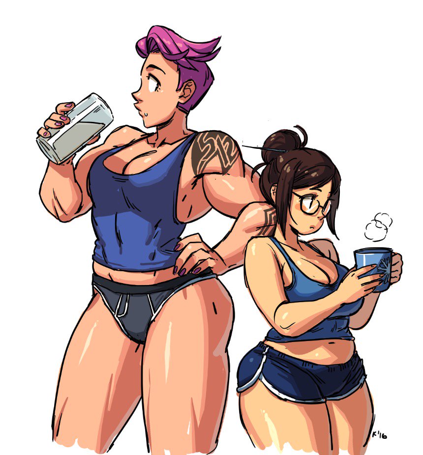 2girls, bangs, breasts, brown_hair, cleavage, coffee_mug, glasses, hair_bun