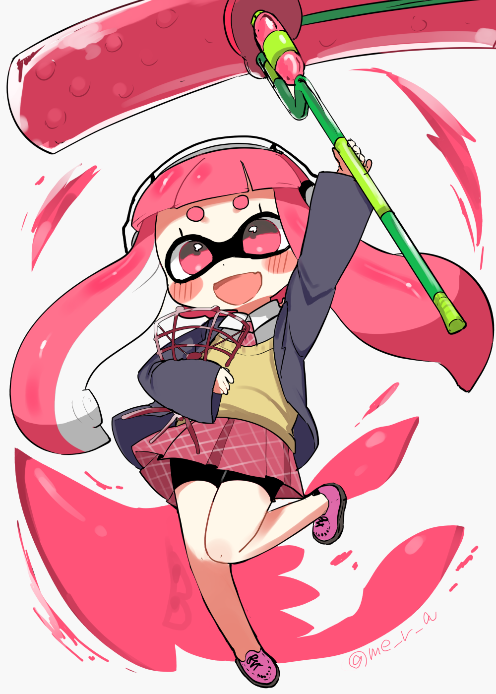 1girl, amamiya_yuumu, bike_shorts, blazer, cardigan, domino_mask, fangs, headphones