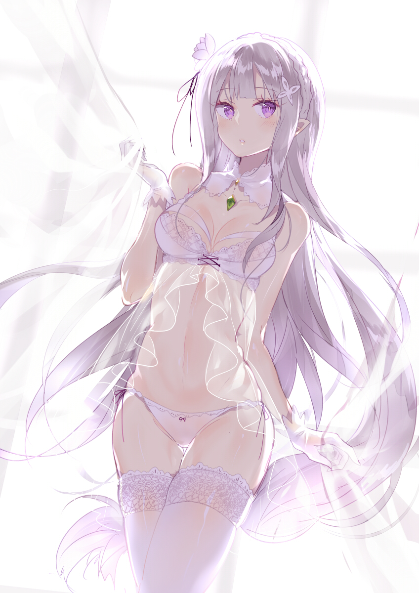 1girl, babydoll, braid, breasts, curtains, domotolain, elf, emilia_(re:zero)