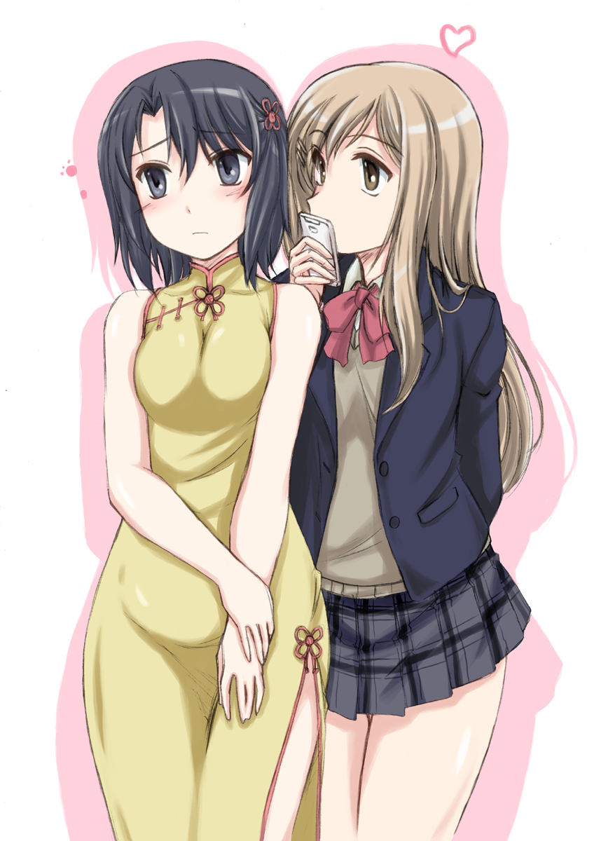 2girls, adachi_(adachi_to_shimamura), adachi_to_shimamura, black_eyes, black_hair, blazer, blush, bow