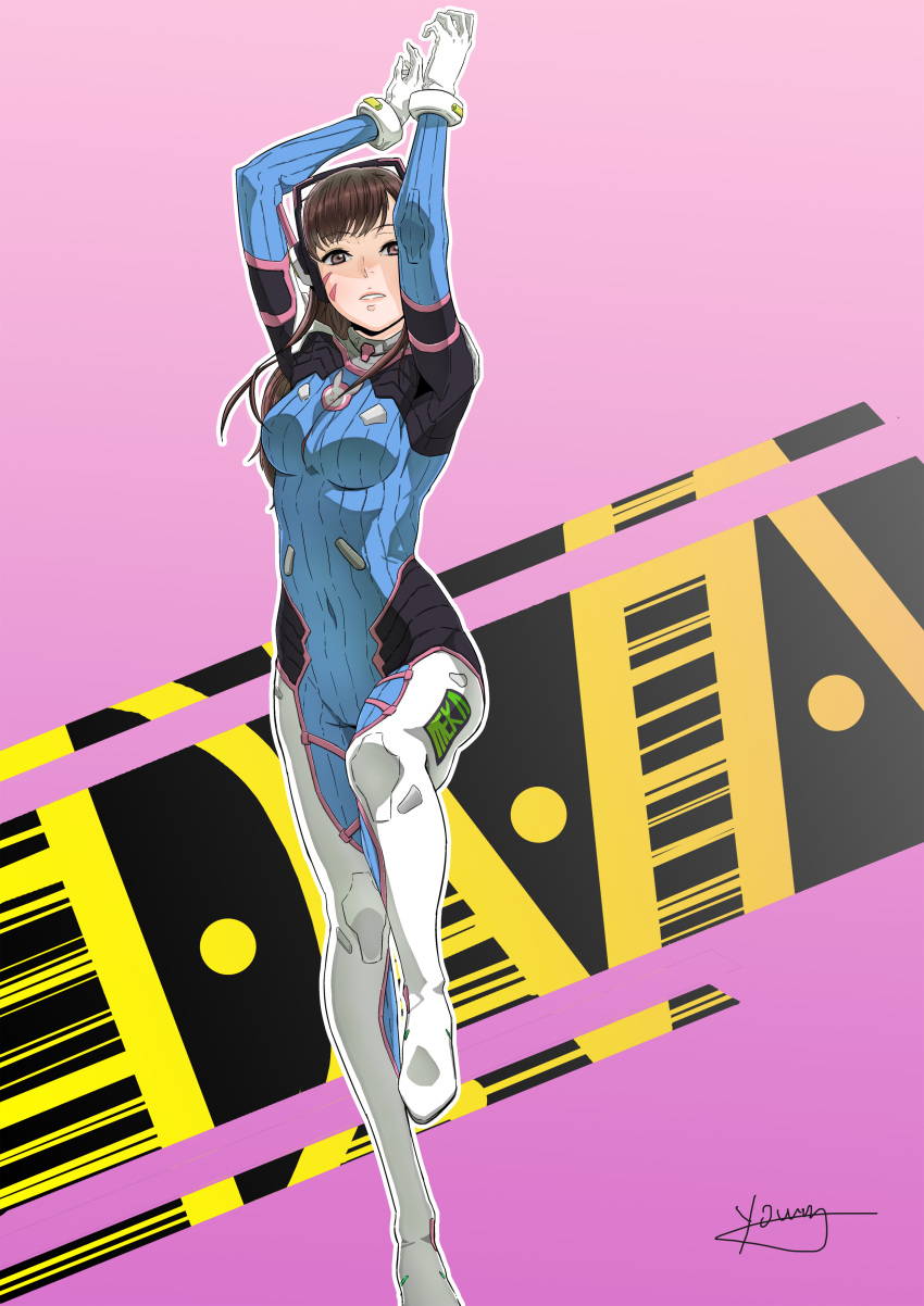 1girl, absurdres, arms_up, bangs, bodysuit, breasts, brown_eyes, brown_hair