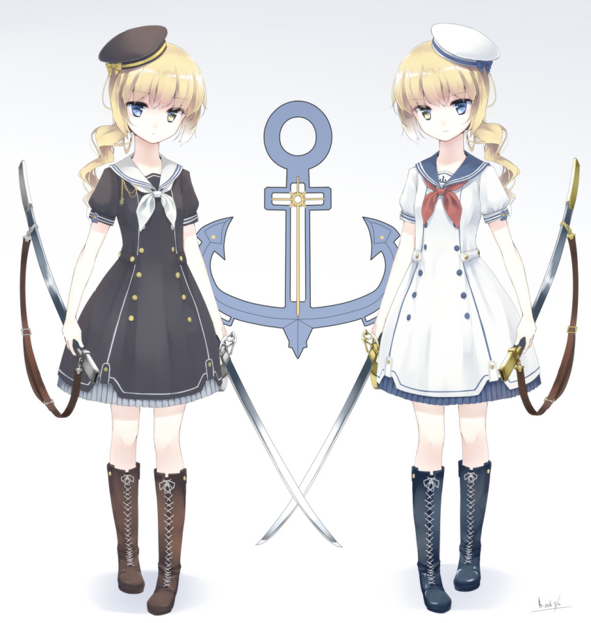 2016, 2girls, anchor_symbol, blonde_hair, blue_eyes, boots, bow, buttons