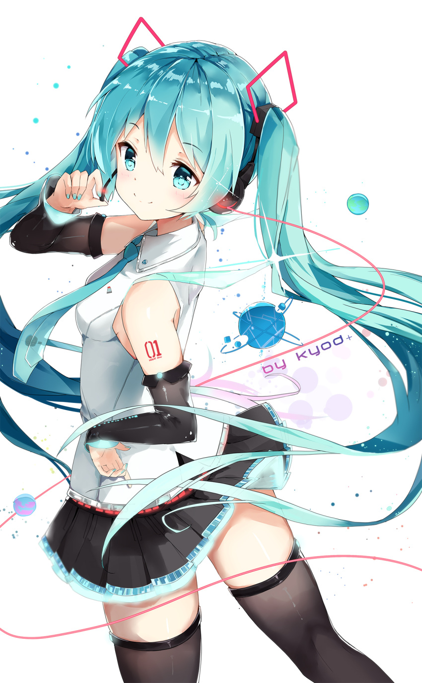 1girl, aqua_eyes, aqua_hair, aqua_nails, artist_name, black_legwear, black_skirt, detached_sleeves