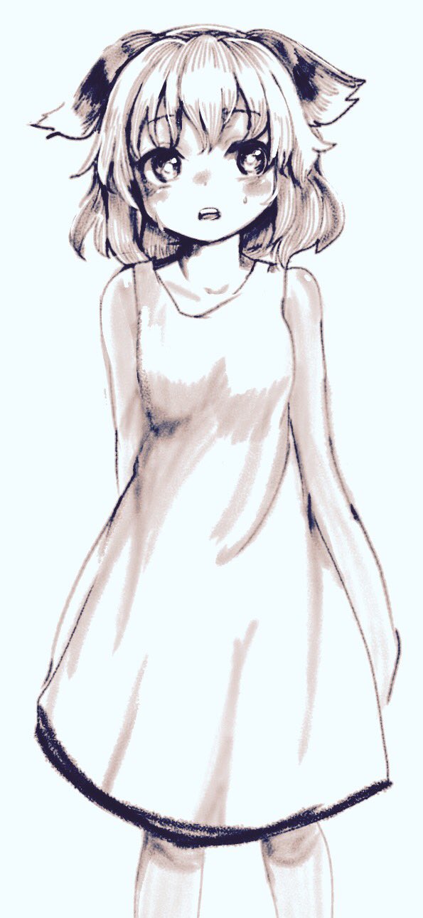 1girl, ameyu, animal_ears, bare_shoulders, blush, collarbone, cowboy_shot, dog_ears, dress, hair_between_eyes, highres, kasodani_kyouko, looking_away, monochrome, open_mouth, short_hair, simple_background, sleeveless, sleeveless_dress, solo, sundress, sweatdrop, touhou, white_background