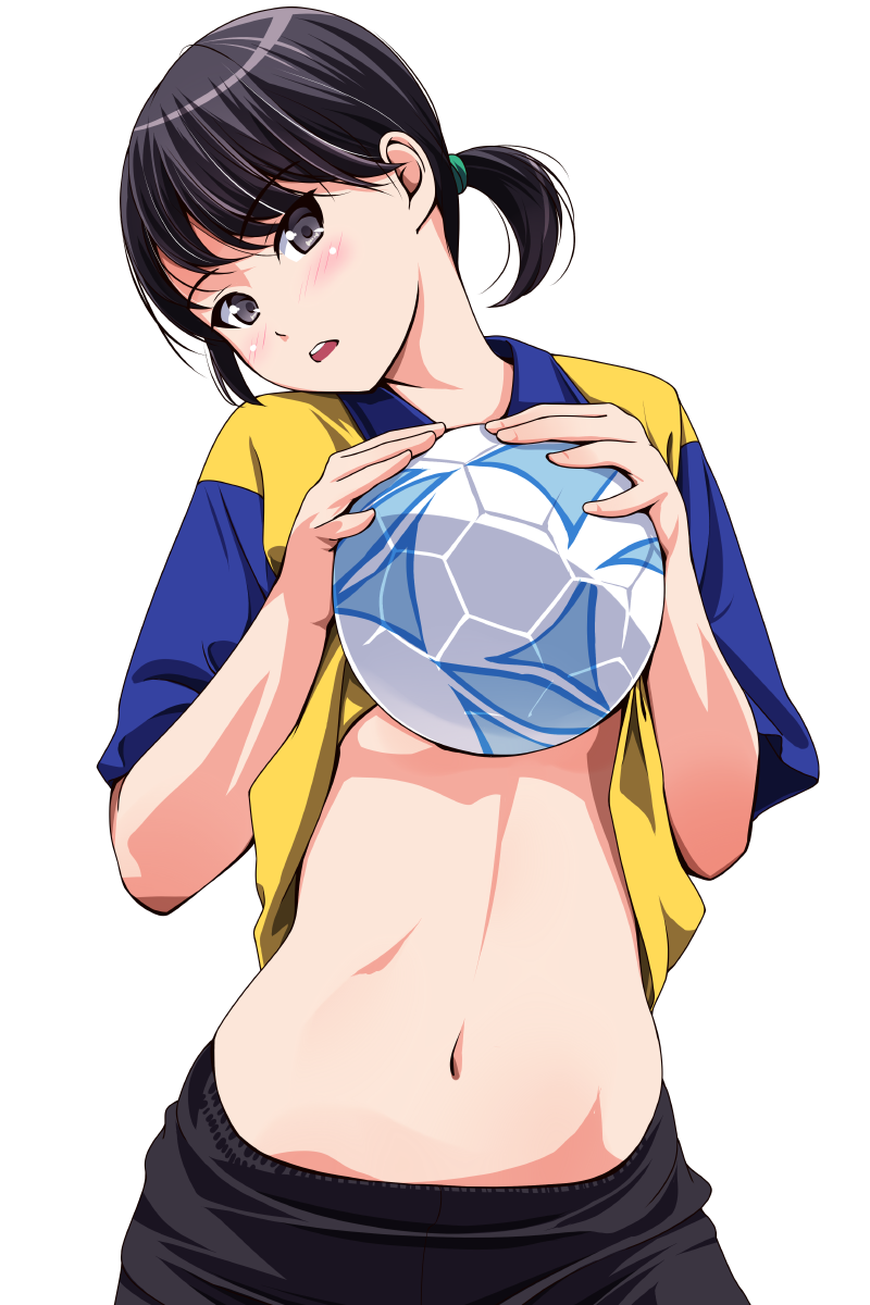 1girl, :d, ball, black_hair, black_shorts, blush, cowboy_shot, eyebrows