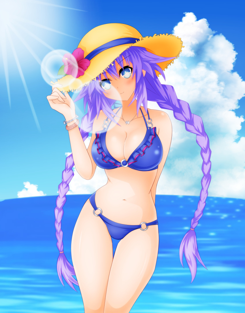 1girl, absurdres, bikini, blue_bikini, blue_eyes, blush, braid, breasts