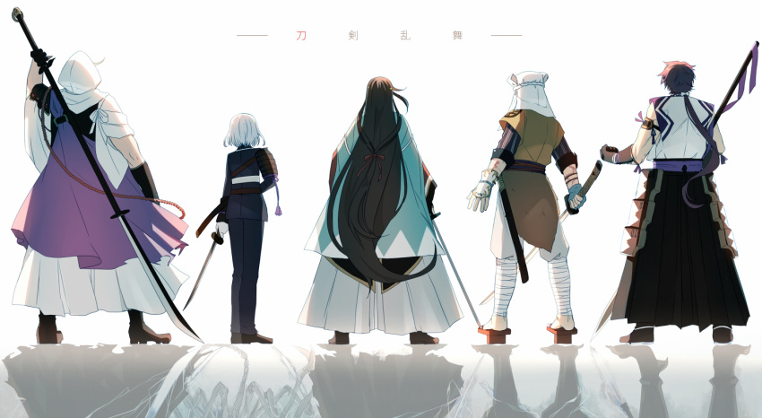 5boys, armor, black_gloves, black_hair, different_reflection, enemy_naginata, enemy_tachi, enemy_uchigatana
