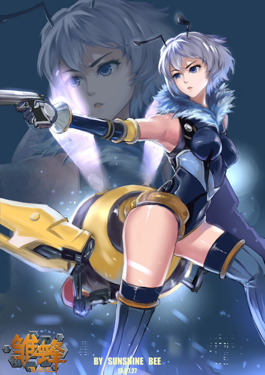 1girl, absurdres, antennae, bee_girl, blue_eyes, boots, breasts, commentary_request