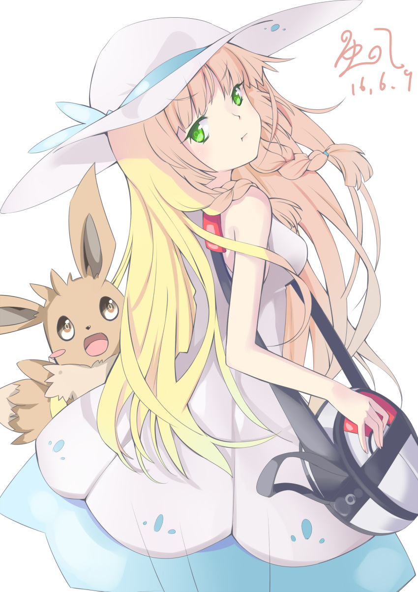 1girl, :t, bag, blonde_hair, braid, dress, eevee, from_behind, green_eyes, hat, highres, lillie_(pokemon), long_hair, looking_back, nainai, pokemon, pokemon_(creature), pokemon_(game), pokemon_sm, pout, sleeveless, sleeveless_dress, sun_hat, twin_braids, white_dress