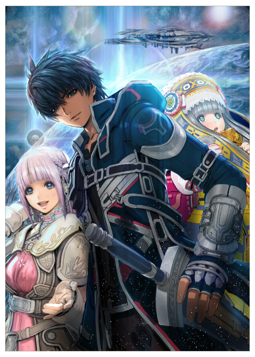 1boy, 2girls, absurdres, aqua_eyes, blue_eyes, braid, fidel_camuze, fingerless_gloves