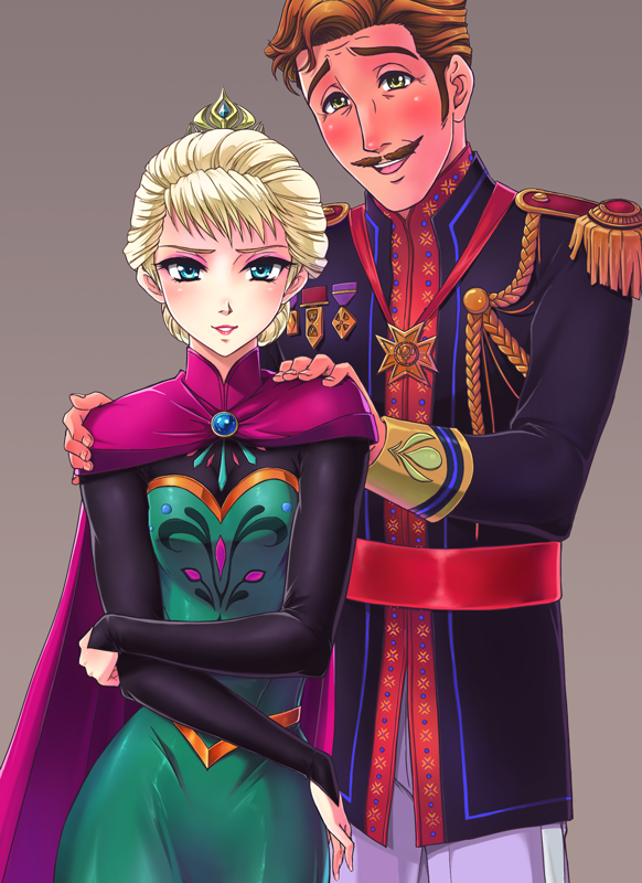 1boy, 1girl, agdar_(frozen), aiguillette, blonde_hair, blue_eyes, blush, brown_hair