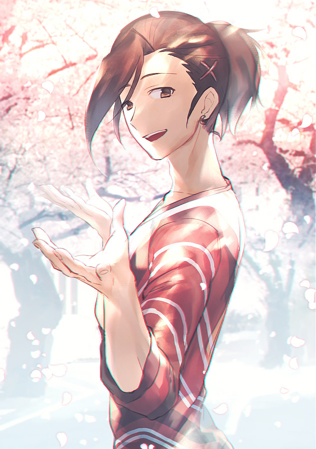 brown_hair, cherry_blossoms, earrings, hair_ornament, hairclip, idolmaster, idolmaster_side-m, jewelry