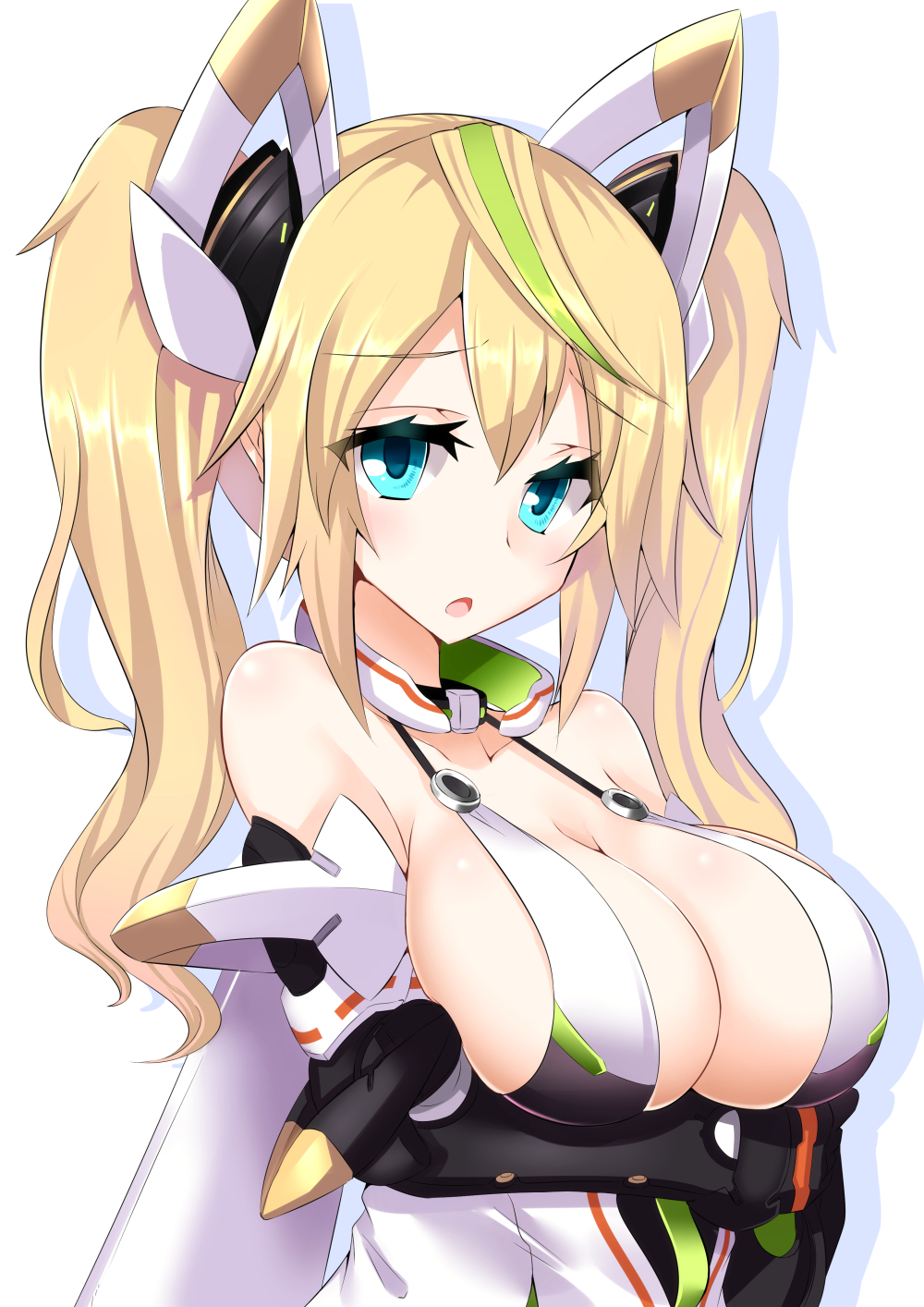 1girl, aqua_eyes, aqua_hair, bare_shoulders, blonde_hair, blush, bow, breasts