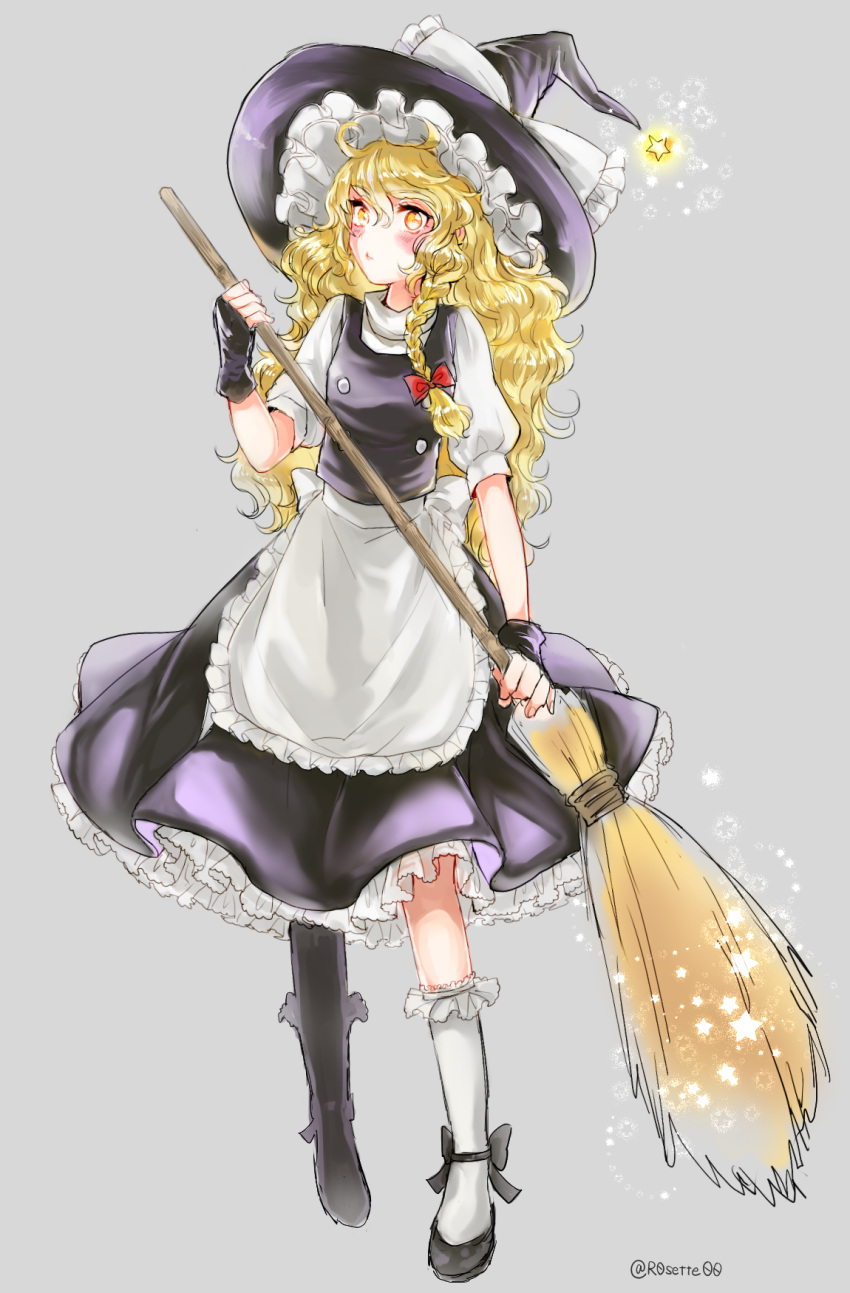 1girl, apron, blonde_hair, blush, bobby_socks, braid, broom, fingerless_gloves