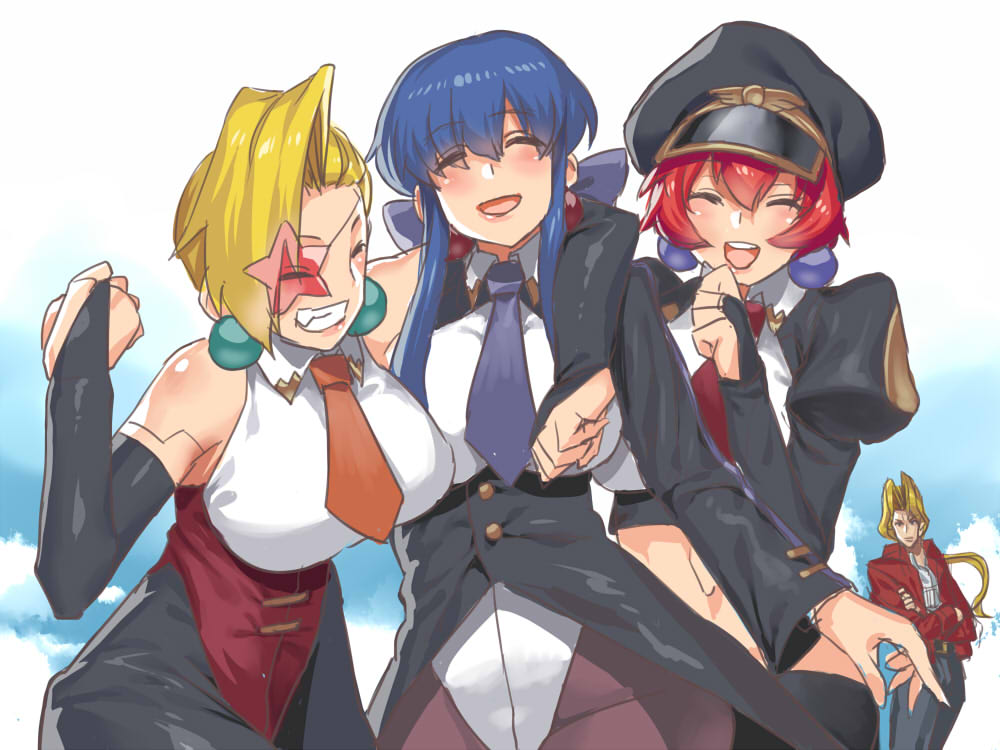 1boy, 3girls, arm_around_shoulder, bare_shoulders, blonde_hair, blue_hair, breasts, bridal_gauntlets