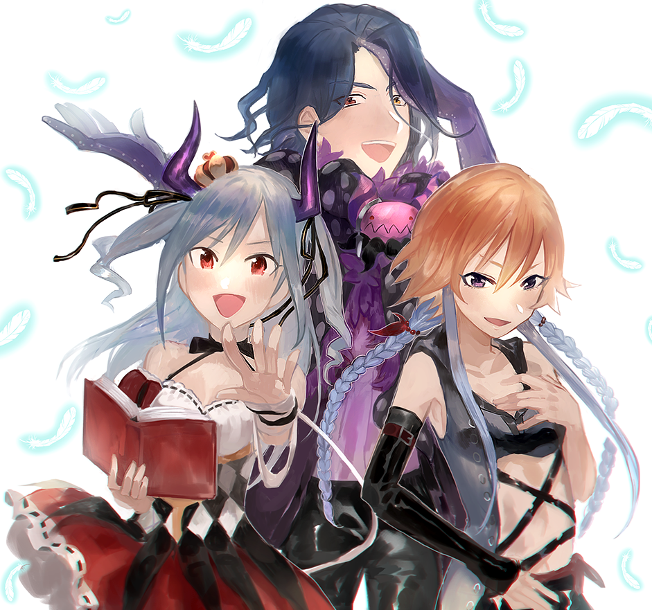 1boy, 2girls, asselin_bb_ii, book, braid, chuunibyou, crown, feathers