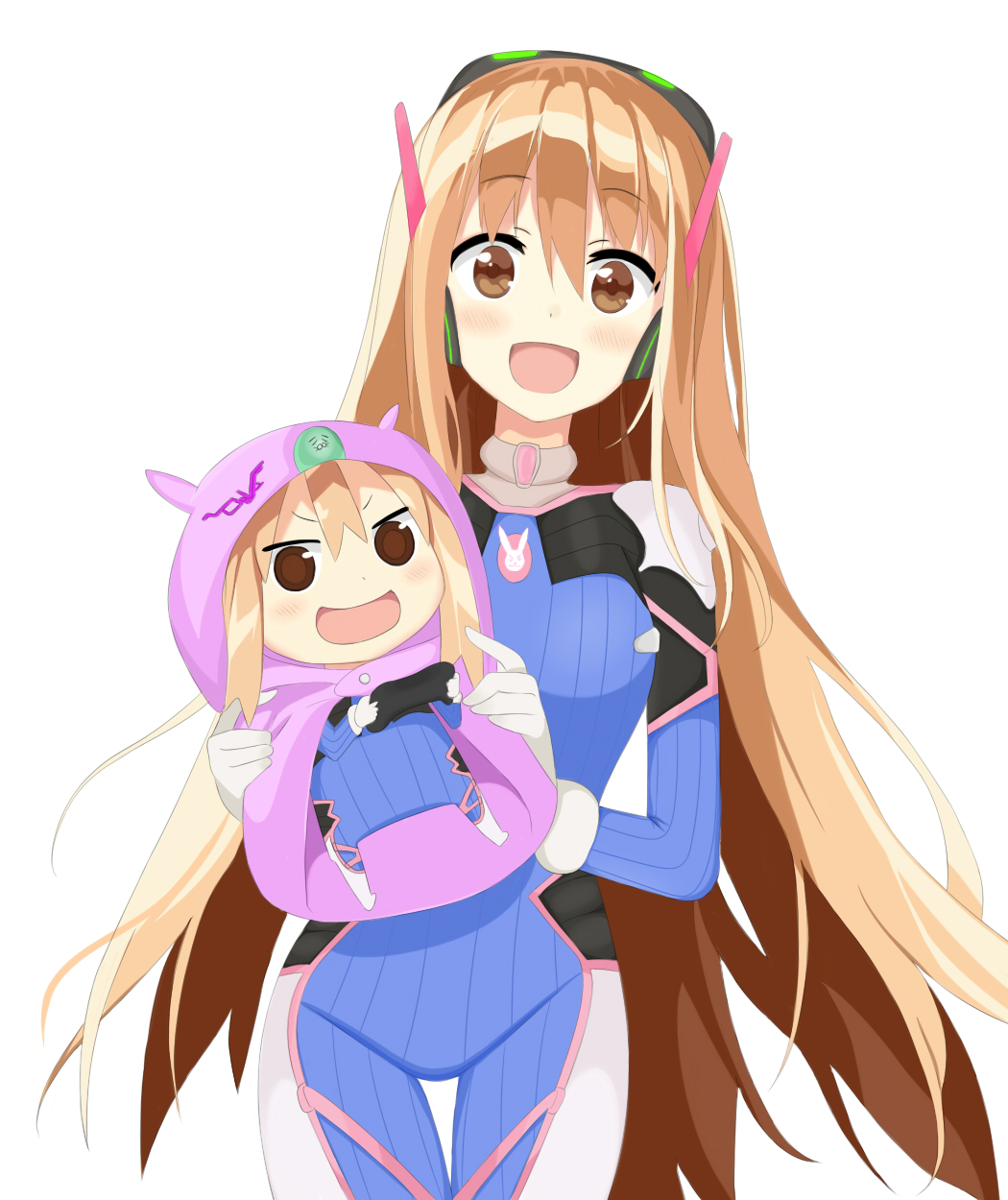 >:d, 1girl, :d, adapted_costume, blush, bodysuit, brown_eyes, brown_hair