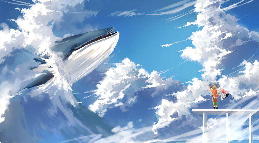 1boy, 1girl, alba_(senyuu), black_gloves, brown_hair, clouds, from_behind, ginryuu