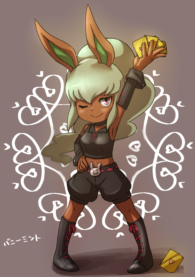 1girl, animal_ears, arm_up, artist_request, boots, bunny_mint, character_name, choker, cross-laced_footwear, female, full_body, hand_on_hip, high_ponytail, long_hair, looking_at_viewer, midriff, navel, one_eye_closed, pigeon-toed, rabbit, rabbit_ears, shorts, smile, solo, standing, youkai_watch