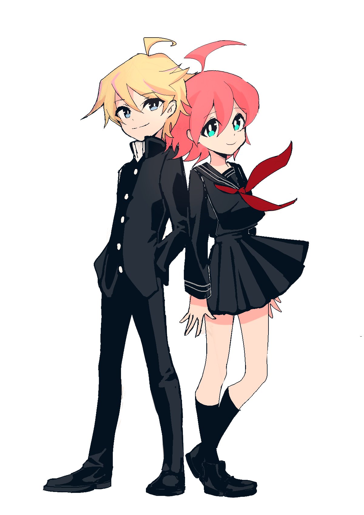 1boy, 1girl, 9_2fc, ahoge, alpha_omega_nova, ascot, back-to-back, blonde_hair, blue_eyes, gakuran, hands_in_pockets, highres, luluco, multicolored_hair, redhead, school_uniform, serafuku, spoilers, streaked_hair, trigger-chan, uchuu_patrol_luluco, white_background