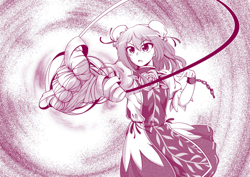 >:o, 0-den, 1girl, :o, bandaged_arm, bun_cover, chain, chinese_clothes