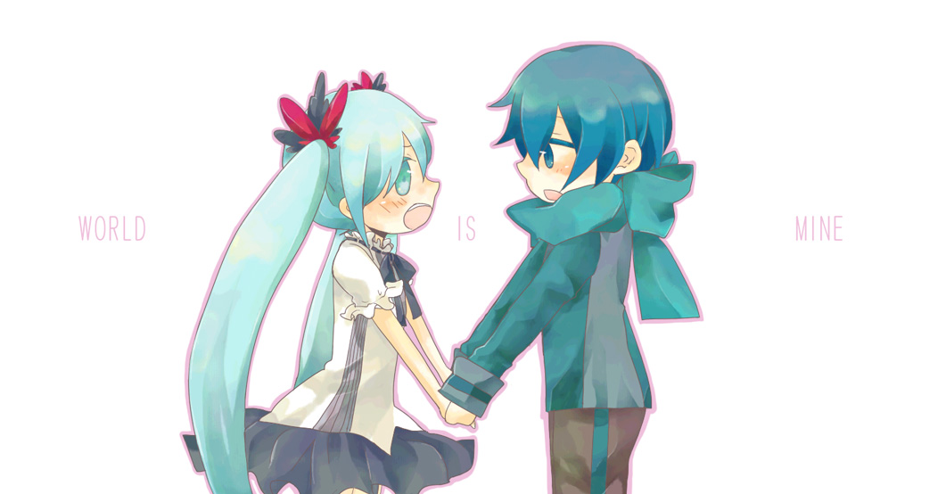 aqua_hair, blue_eyes, blue_hair, child, hair_ribbon, hand_holding, hatsune_miku, holding_hands