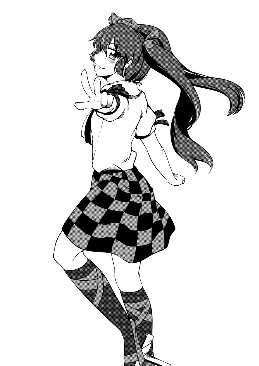 0-den, 1girl, absurdres, arm_garter, blush, checkered, checkered_skirt, commentary_request