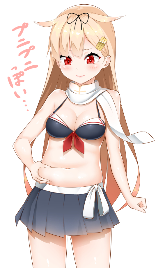 1girl, alternate_costume, belly_grab, bikini_top, blonde_hair, blush, breasts, cleavage