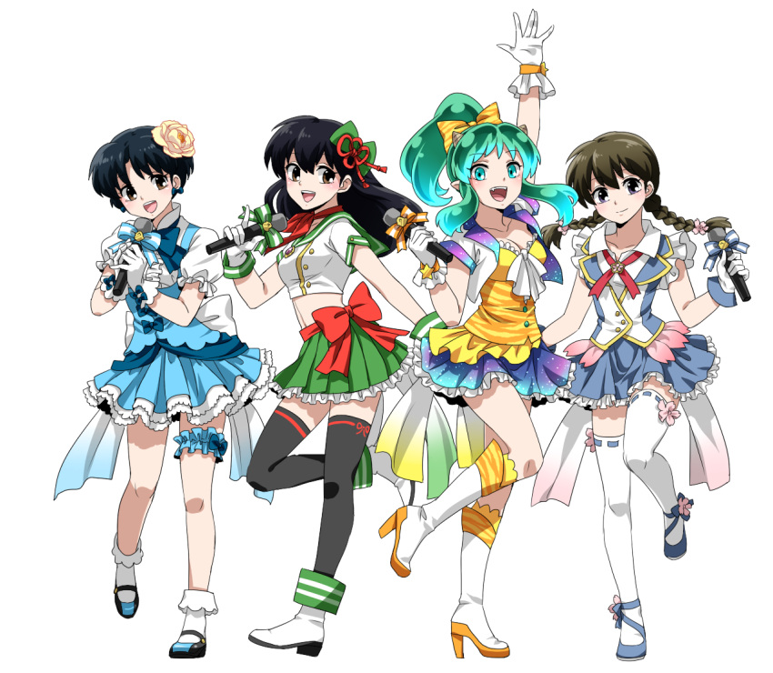 4girls, :d, alternate_costume, ankle_boots, aqua_hair, arm_up, black_hair, black_legwear