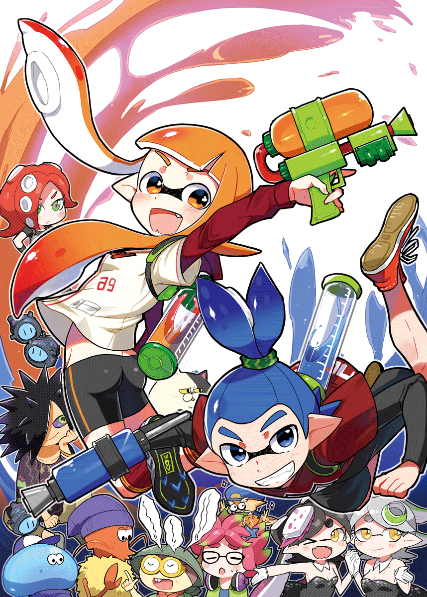 +_+, 5boys, 5girls, amamiya_yuumu, anemo_(splatoon), aori_(splatoon), ass, bangs, bike_shorts, black_hair, black_shorts, blue_eyes, blue_hair, blunt_bangs, brown_eyes, bukichi_(splatoon), closed_eyes, commander_atarime, daunii_(splatoon), detached_collar, domino_mask, double_v, echizen_(splatoon), fang, food, food_on_head, glasses, gloves, grey_hair, hair_slicked_back, headphones, headphones_around_neck, highres, holding, holding_hands, holding_weapon, hotaru_(splatoon), ink_tank_(splatoon), inkling, jajji-kun_(splatoon), jumping, kumano_(splatoon), layered_clothing, long_hair, looking_at_viewer, looking_back, mask, multiple_boys, multiple_girls, object_on_head, octoshot_(splatoon), one_eye_closed, orange_eyes, orange_hair, paint_splatter, pointy_ears, rob_(splatoon), scrunchie, shoes, short_hair, short_over_long_sleeves, shorts, single_vertical_stripe, socks, spiky_hair, splatoon, splattershot_(splatoon), sweatdrop, takozonesu, tentacle_hair, topknot, v, weapon, white_gloves
