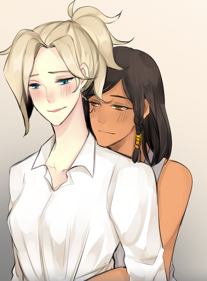 2girls, bangs, black_hair, blonde_hair, blue_eyes, blush, braid, brown_eyes, collarbone, eye_of_horus, eyebrows, eyebrows_visible_through_hair, facial_mark, facial_tattoo, gradient, gradient_background, hair_tubes, hug, hug_from_behind, lifeaini, mercy_(overwatch), multiple_girls, open_mouth, overwatch, pharah_(overwatch), ponytail, shirt, short_hair, side_braid, sleeveless, sleeveless_shirt, tattoo, upper_body, white_shirt, yuri