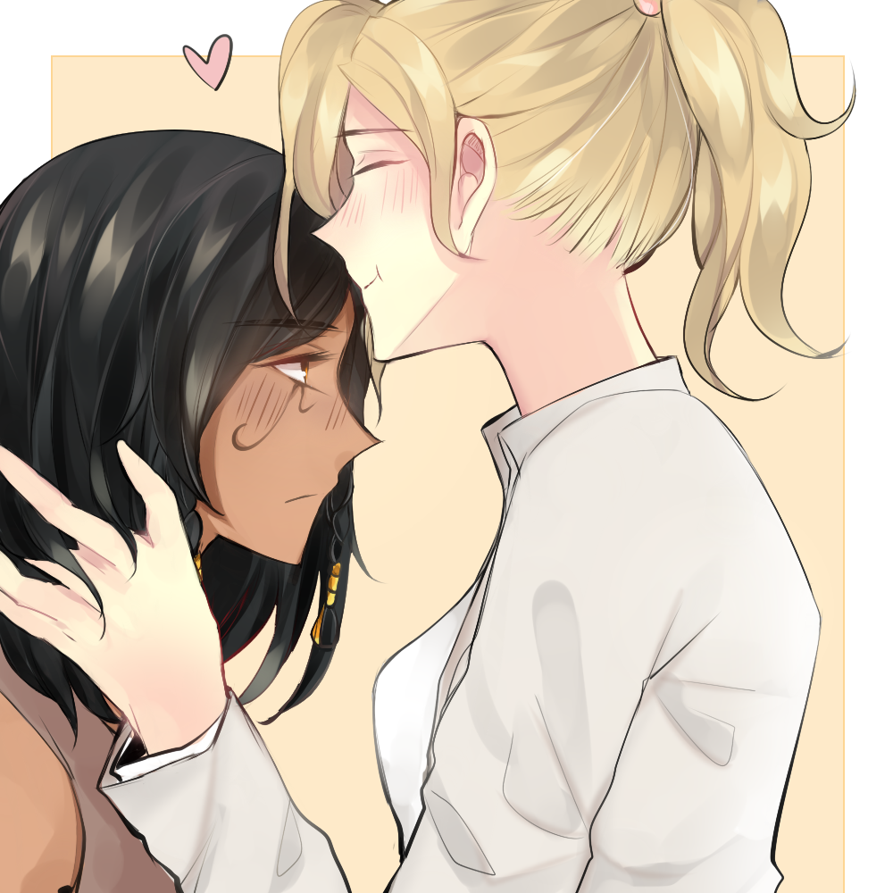2girls, bangs, black_hair, blonde_hair, blush, braid, brown_eyes, closed_eyes, eye_of_horus, eyebrows, eyebrows_visible_through_hair, facial_mark, facial_tattoo, hair_tubes, heart, lifeaini, mercy_(overwatch), multiple_girls, overwatch, pharah_(overwatch), ponytail, shirt, short_hair, side_braids, sleeveless, sleeveless_shirt, tattoo, twin_braids, upper_body, white_shirt, yuri