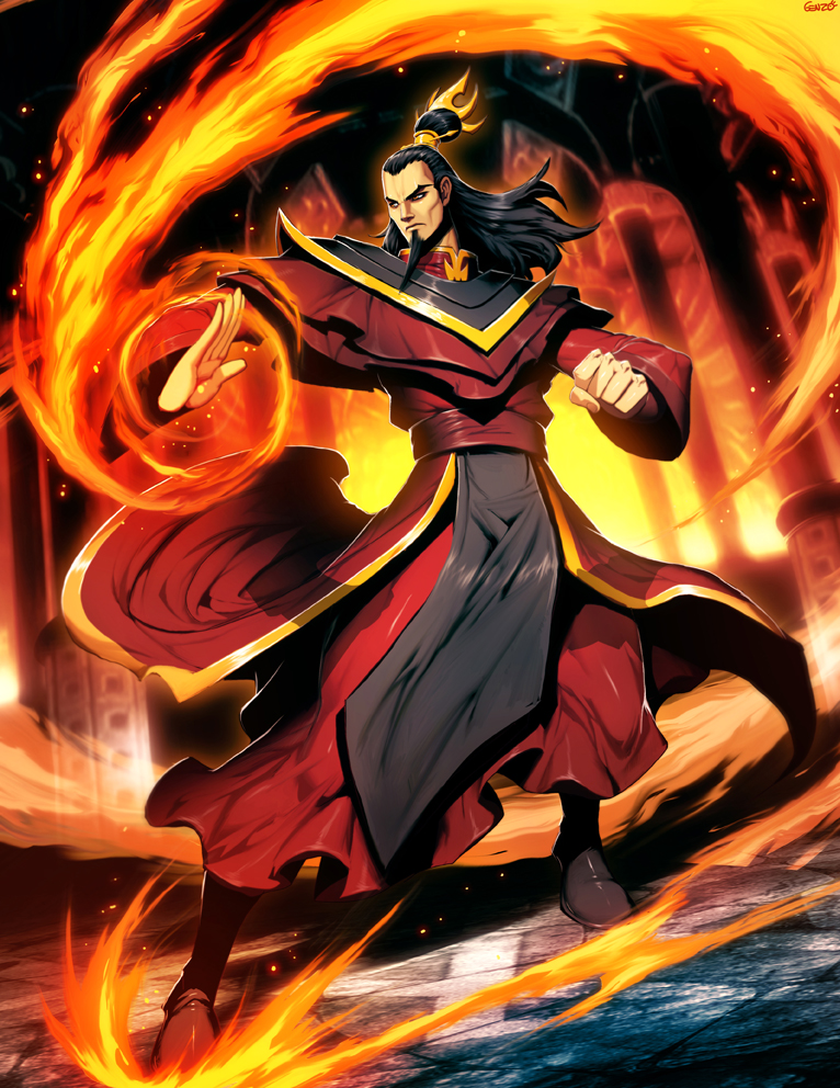 1boy, avatar:_the_last_airbender, beard, black_hair, boots, facial_hair, fire, genzoman