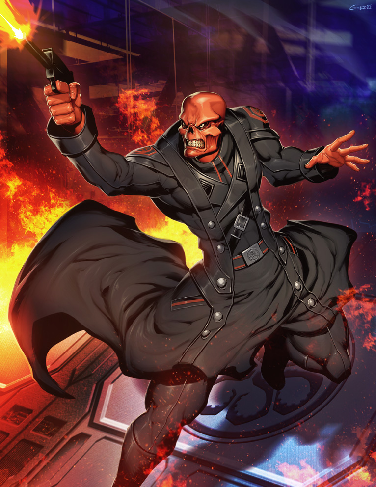 1boy, artist_name, bald, boots, fire, genzoman, gun, marvel