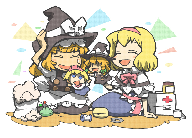 2girls, alice_margatroid, blonde_hair, chibi, hairband, hand_puppet, hand_puppets, hat, hounori, kirisame_marisa, multiple_girls, puppet, touhou