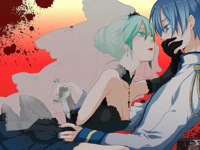1girl, aqua_eyes, aqua_hair, bad_id, bitte, black_dress, blood, blue_eyes, blue_hair, breasts, cendrillon_(vocaloid), cleavage, couple, dagger, dress, elbow_gloves, error, gloves, hair_bun, hatsune_miku, kaito, lipstick, veil, vocaloid, weapon