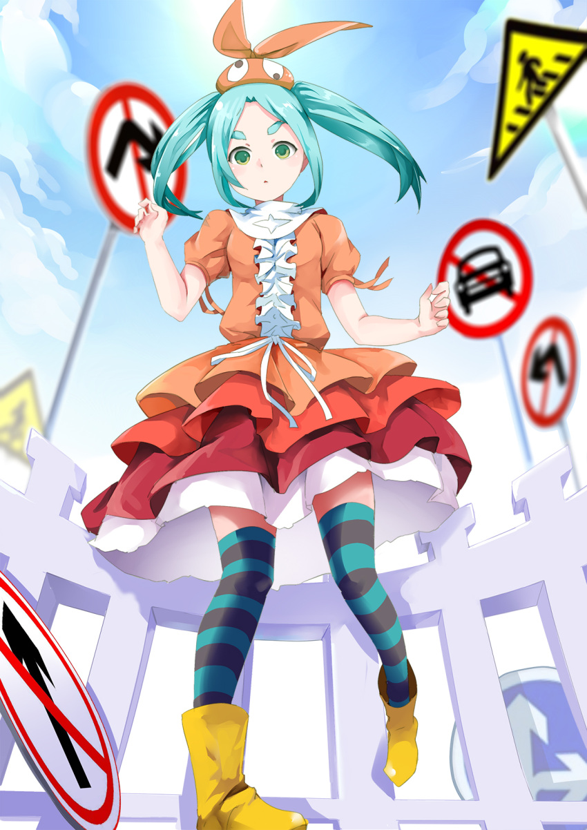 1girl, aqua_hair, blue_sky, boots, clouds, dress, eyebrows, fence