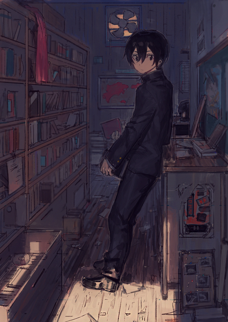 1boy, bangs, black_eyes, black_hair, black_jacket, black_pants, black_shoes, book