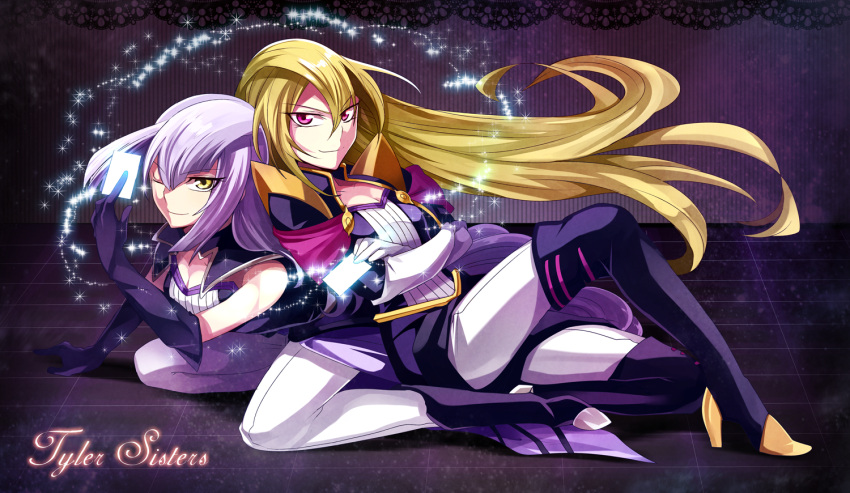 2girls, blonde_hair, boots, breasts, card, cleavage, collarbone, eirakko, elbow_gloves, gloria_tyler, gloves, grace_tyler, long_hair, looking_at_viewer, lying, multiple_girls, one_eye_closed, red_eyes, siblings, silver_hair, sisters, smile, thigh-highs, twins, yellow_eyes, yuu-gi-ou, yuu-gi-ou_arc-v