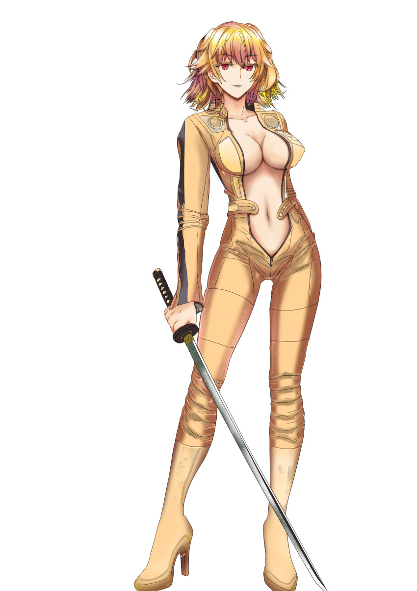 1girl, absurdres, alternate_costume, alternate_hair_length, alternate_hairstyle, arm_at_side, blonde_hair, boots