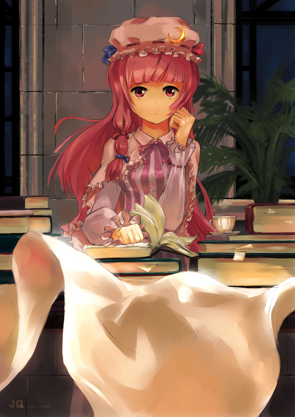 bangs, book, bookmark, braid, capelet, collar, crescent, crescent_moon, cup, dress, flying_paper, hair_ornament, hair_ribbon, hat, highres, jq, long_hair, moon, night, paper, patchouli_knowledge, plant, purple_hair, ribbon, sitting, solo, stack_of_books, teacup, touhou, very_long_hair, violet_eyes, wall, wind, window