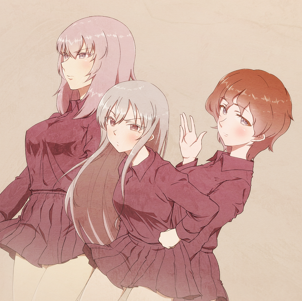3girls, akaboshi_koume, blue_eyes, brown_eyes, brown_hair, dress_shirt, girls_und_panzer, girls_und_panzer_little_army