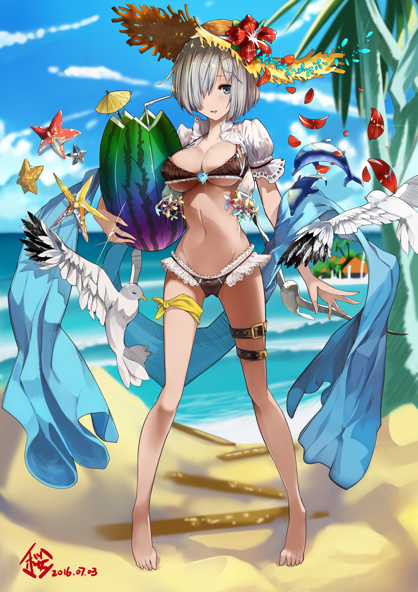 1girl, 2016, :d, animal, arm_at_side, barefoot, beach, belt